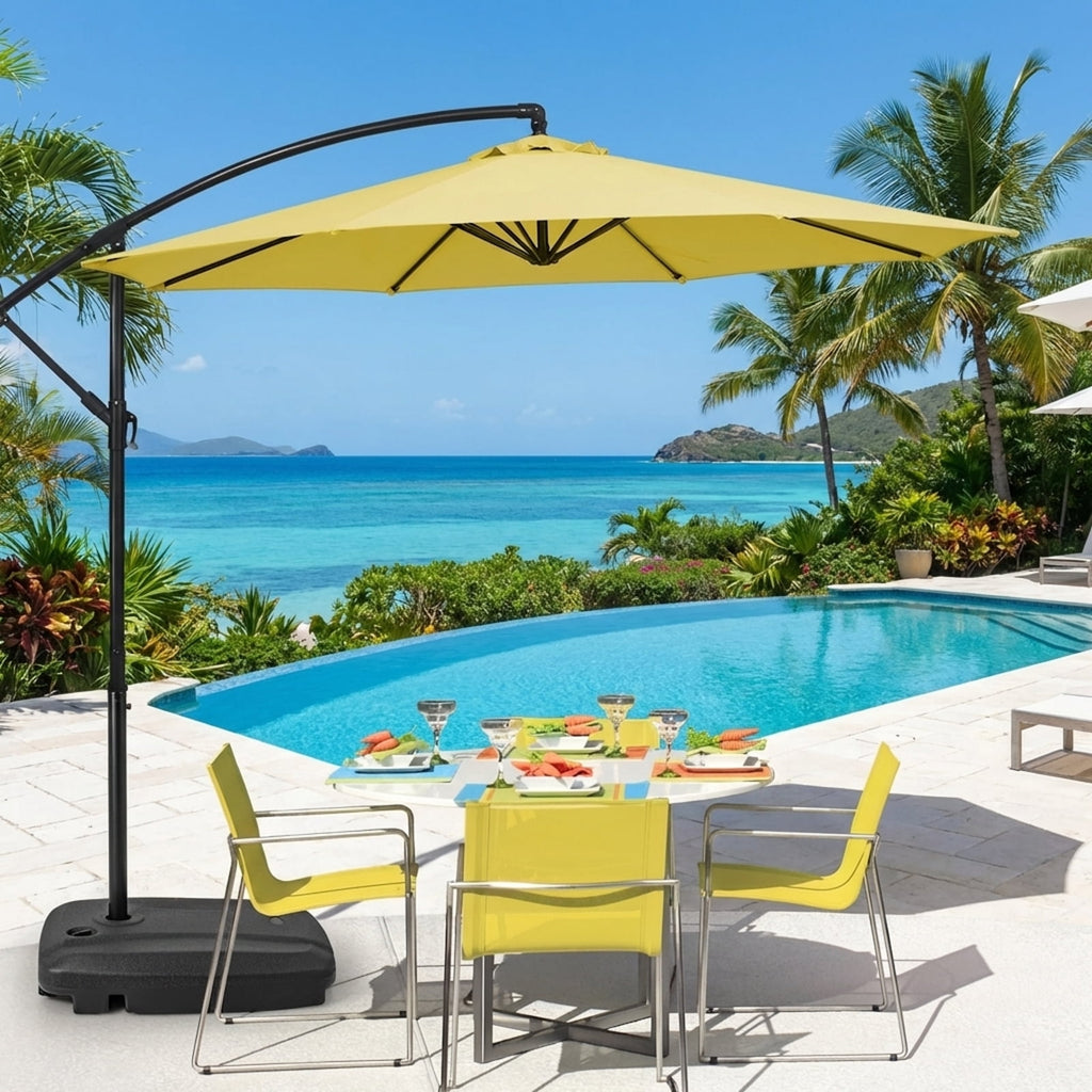 Biotree Fillable Universal Offset Umbrella Base with Cross Base and Wheels-Black Hanging Deck Garden