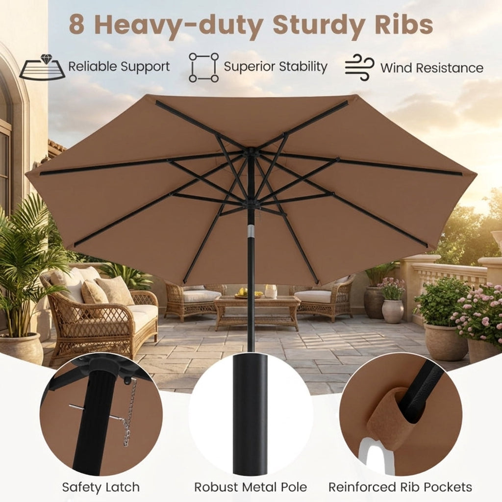 Biotree 9.3 ft Market Patio Umbrella with Crank and Tilt, 8 Sturdy Ribs, Vented Canopy - Coffee for Backyard