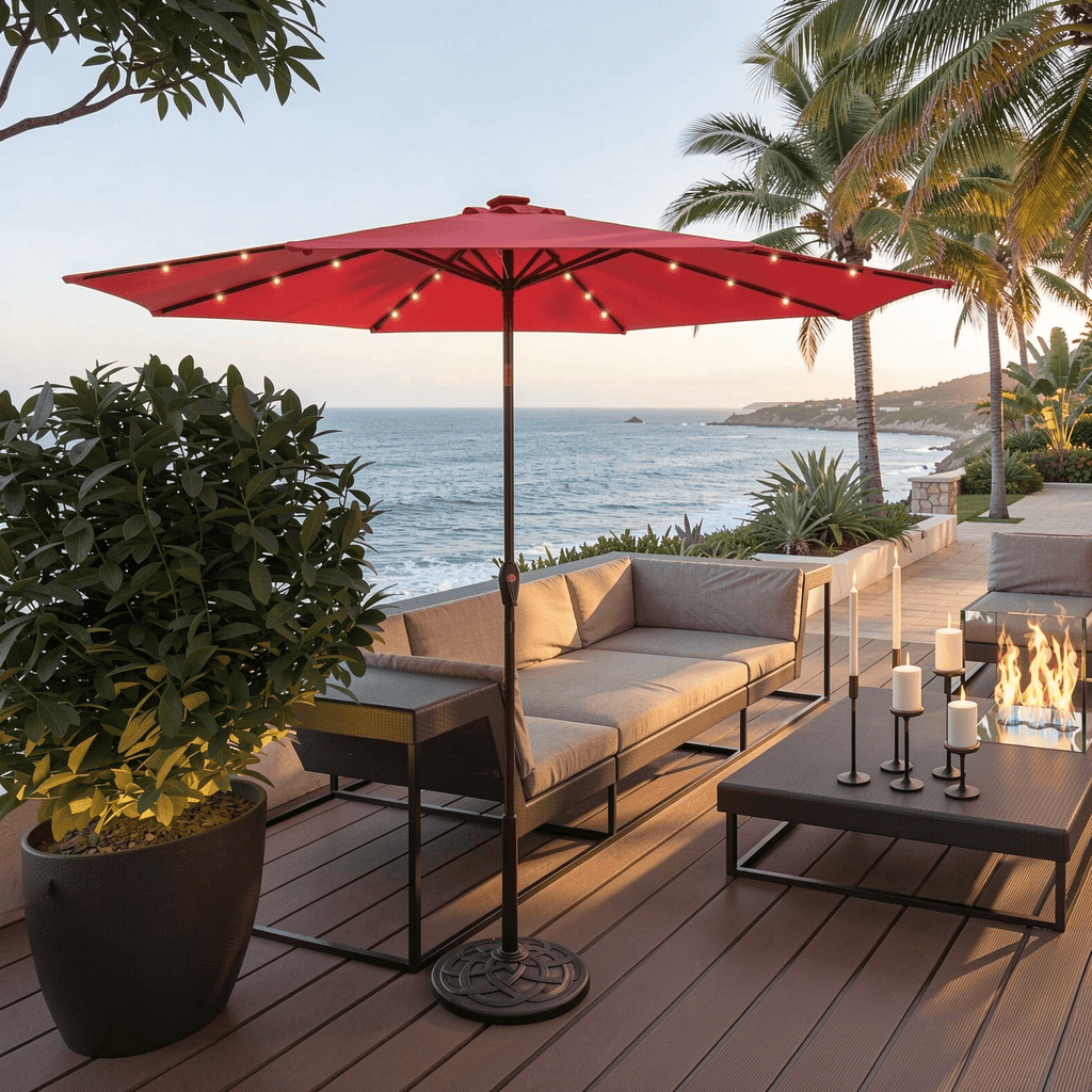 Biotree 10 Solar LED Lighted Patio Market Umbrella Shade Tilt Adjustment Crank-Dark Red Outdoor Backyard