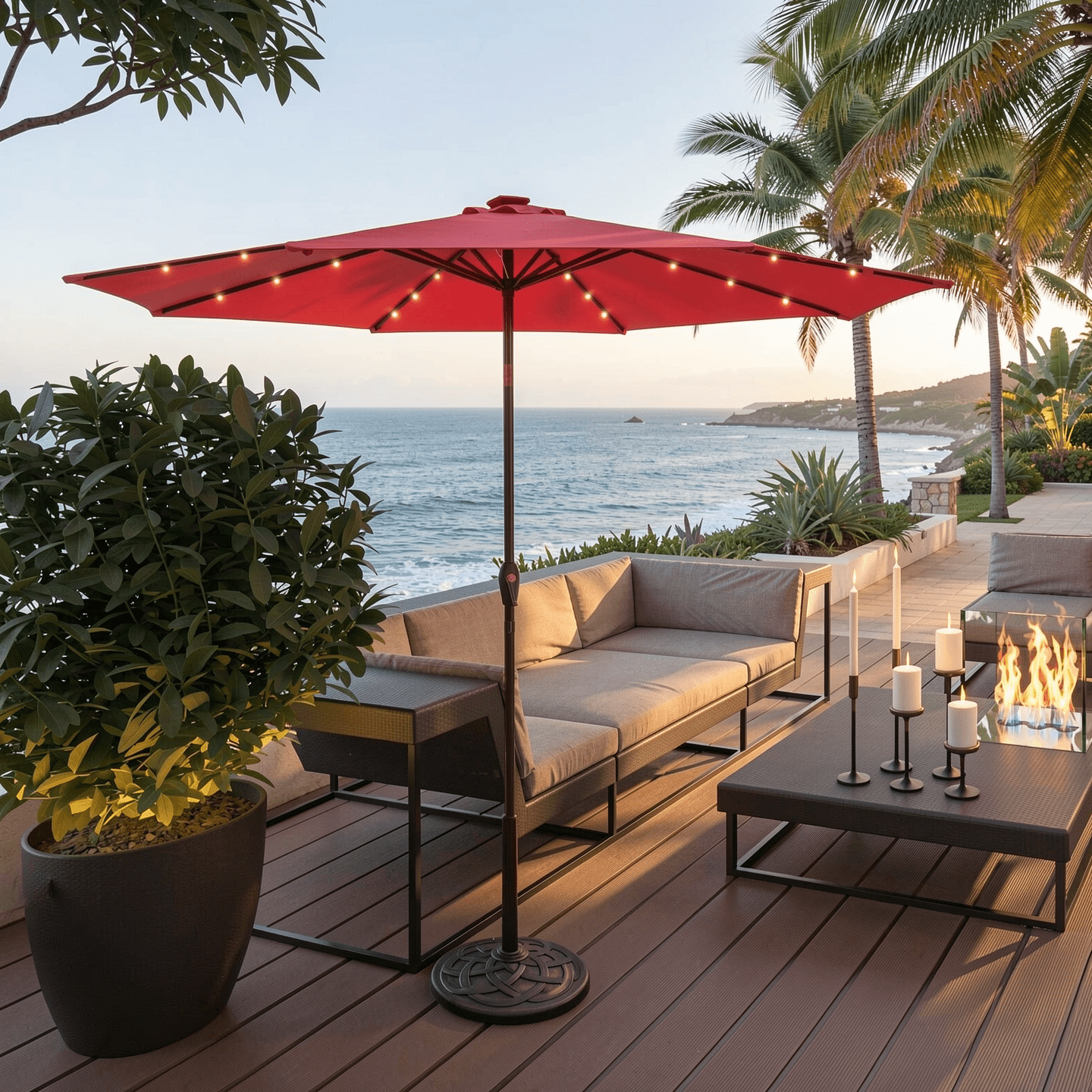 Biotree 10 Solar LED Lighted Patio Market Umbrella Shade Tilt Adjustment Crank-Dark Red Outdoor Backyard
