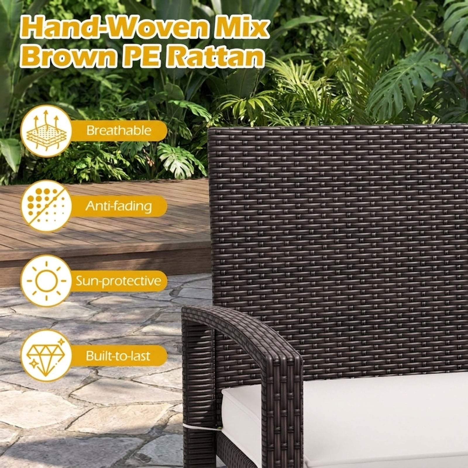 Biotree Wicker 2-Seat Bench with Soft Seat Cushion and Metal Frame Stackable Patio Chair for Garden BackyardWhite
