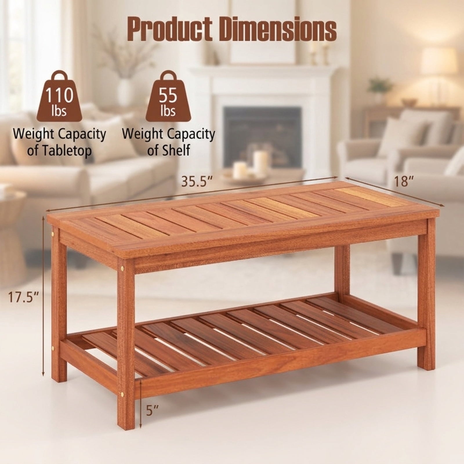 Biotree 2-Tier Patio Coffee Table with Slatted Tabletop and Shelf, Natural