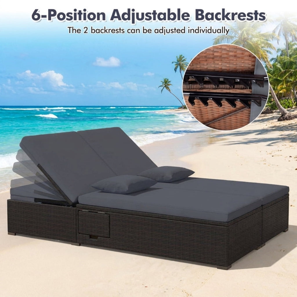 Biotree Patio Double Chaise Lounge with Cushions and Folding Side Trays Stackable Patio Chair for Garden BackyardGray