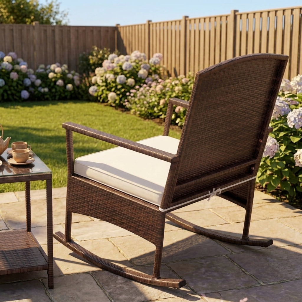 Biotree 3 Piece Patio Rocking Set Wicker Rocking Chairs with 2-Tier Coffee Table Outdoor Conversation Set for Garden Backyard PorchOff White