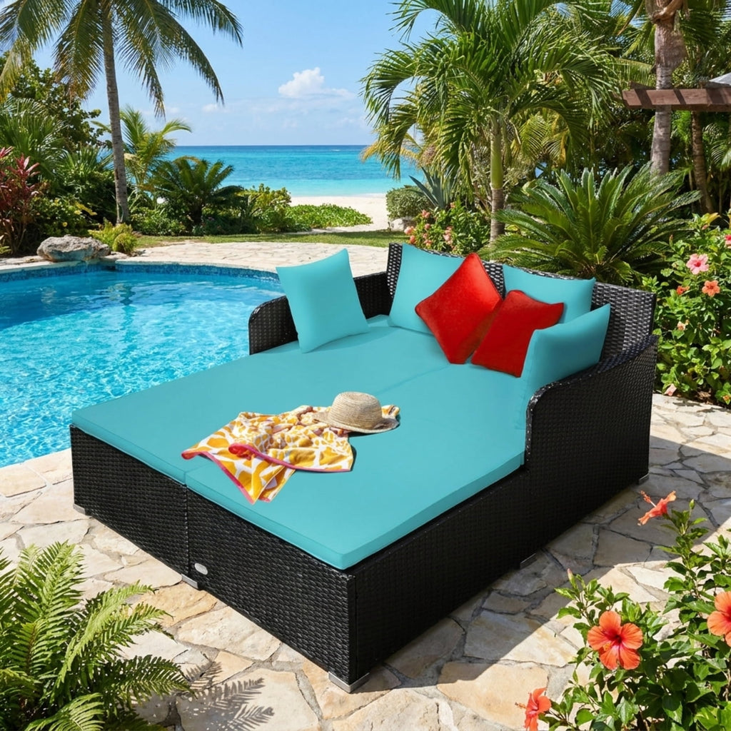 Biotree Spacious Outdoor Rattan Daybed with Upholstered Cushions and Pillows Outdoor Conversation Set for Garden Backyard PorchTurquoise