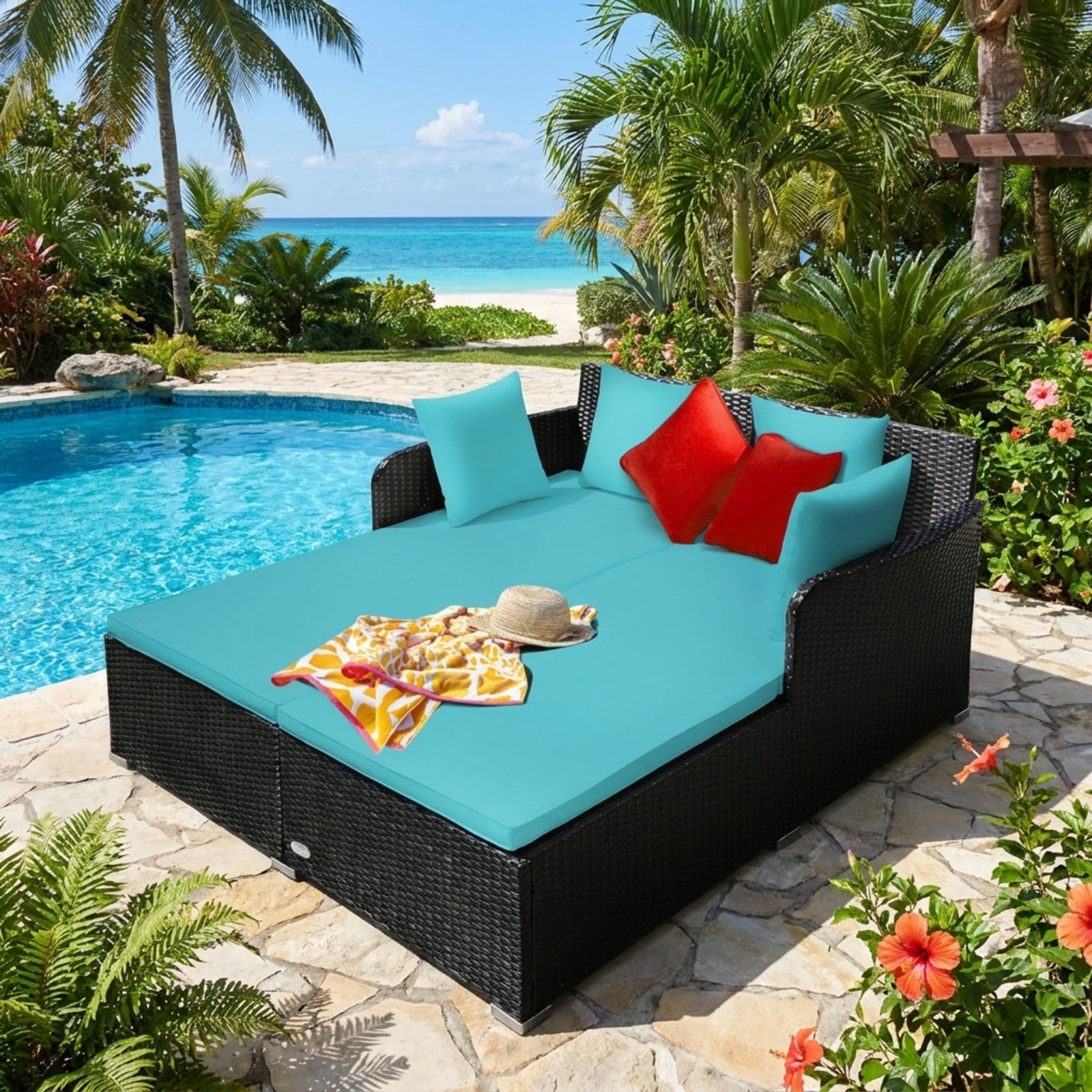 Biotree Spacious Outdoor Rattan Daybed with Upholstered Cushions and Pillows Outdoor Conversation Set for Garden Backyard PorchTurquoise