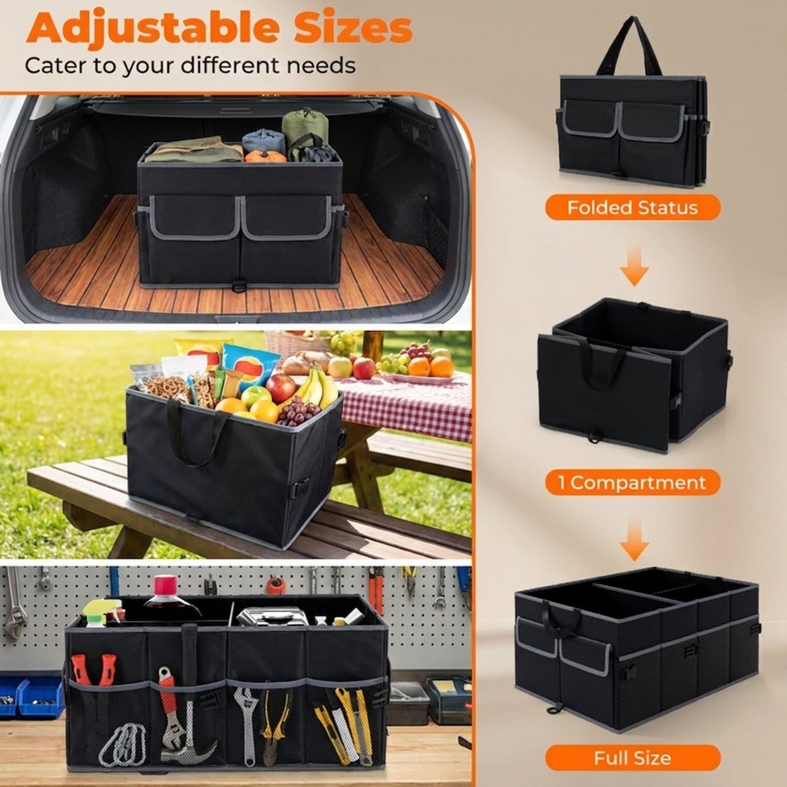 Biotree 13 Gallon Car Trunk Organizer Removable Divider 6 Pockets Foldable - Black