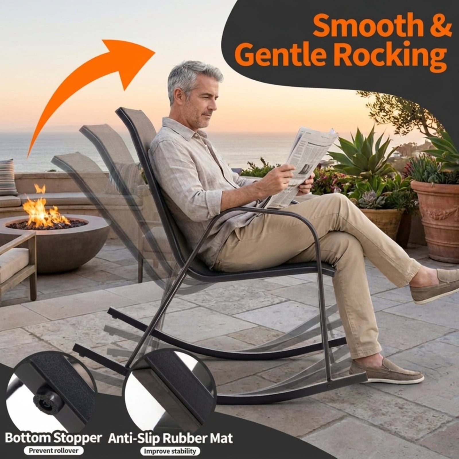 Biotree Set of 2 Heavy-Duty Metal Patio Rocking Chair with Breathable Seat Fabric Stackable Patio Chair for Garden BackyardBrown
