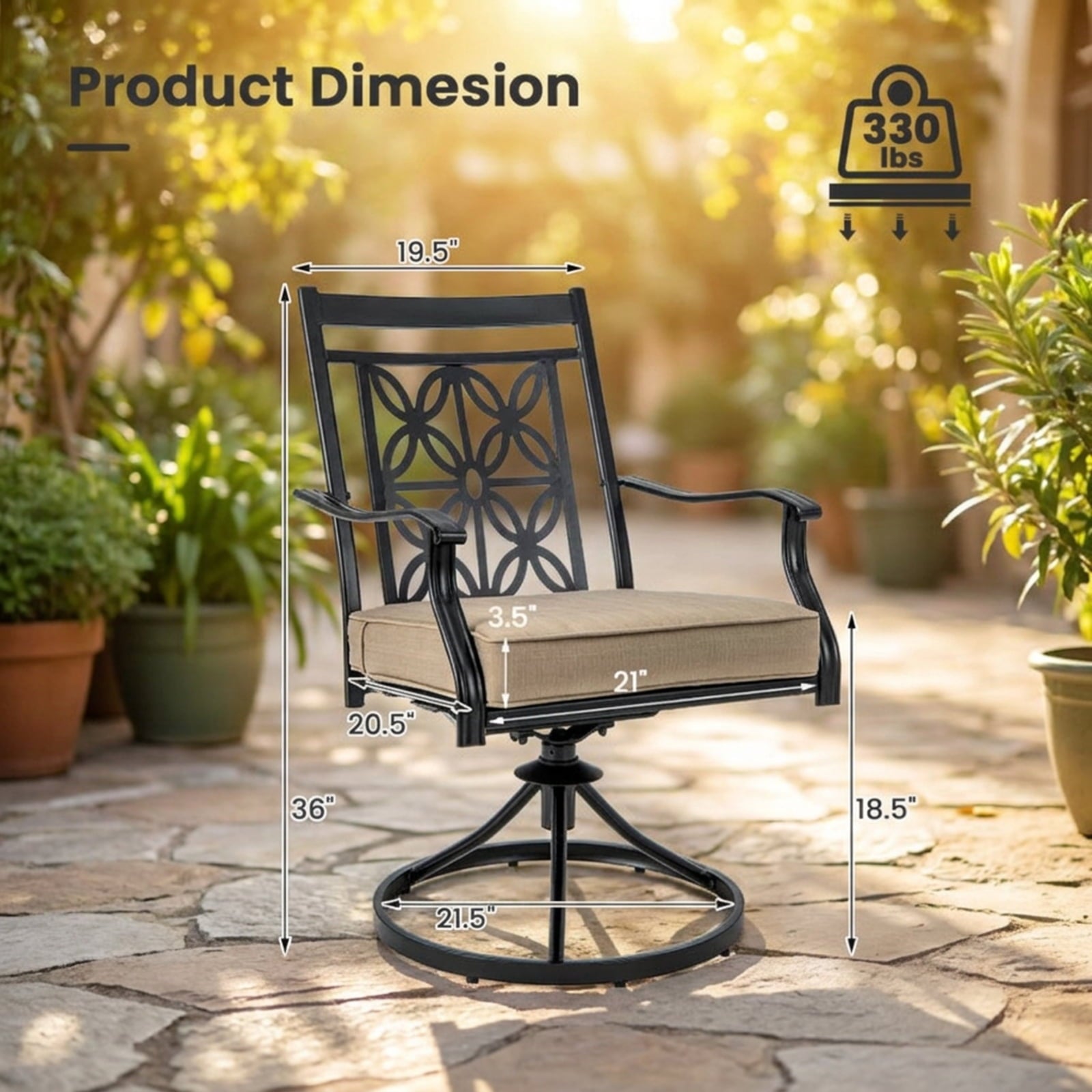Biotree 2 Pieces Patio Swivel Chairs with Blossom Pattern Backrest and Cushions Stackable Patio Chair for Garden BackyardBlack