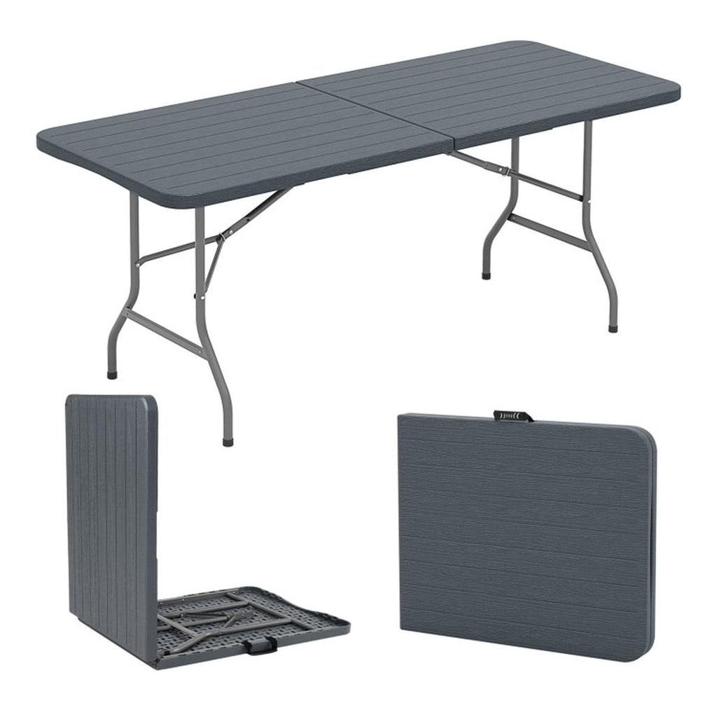 Biotree 6 Feet Folding Table with Wood Grain HDPE Tabletop and Safe Lock Mechanism, Gray