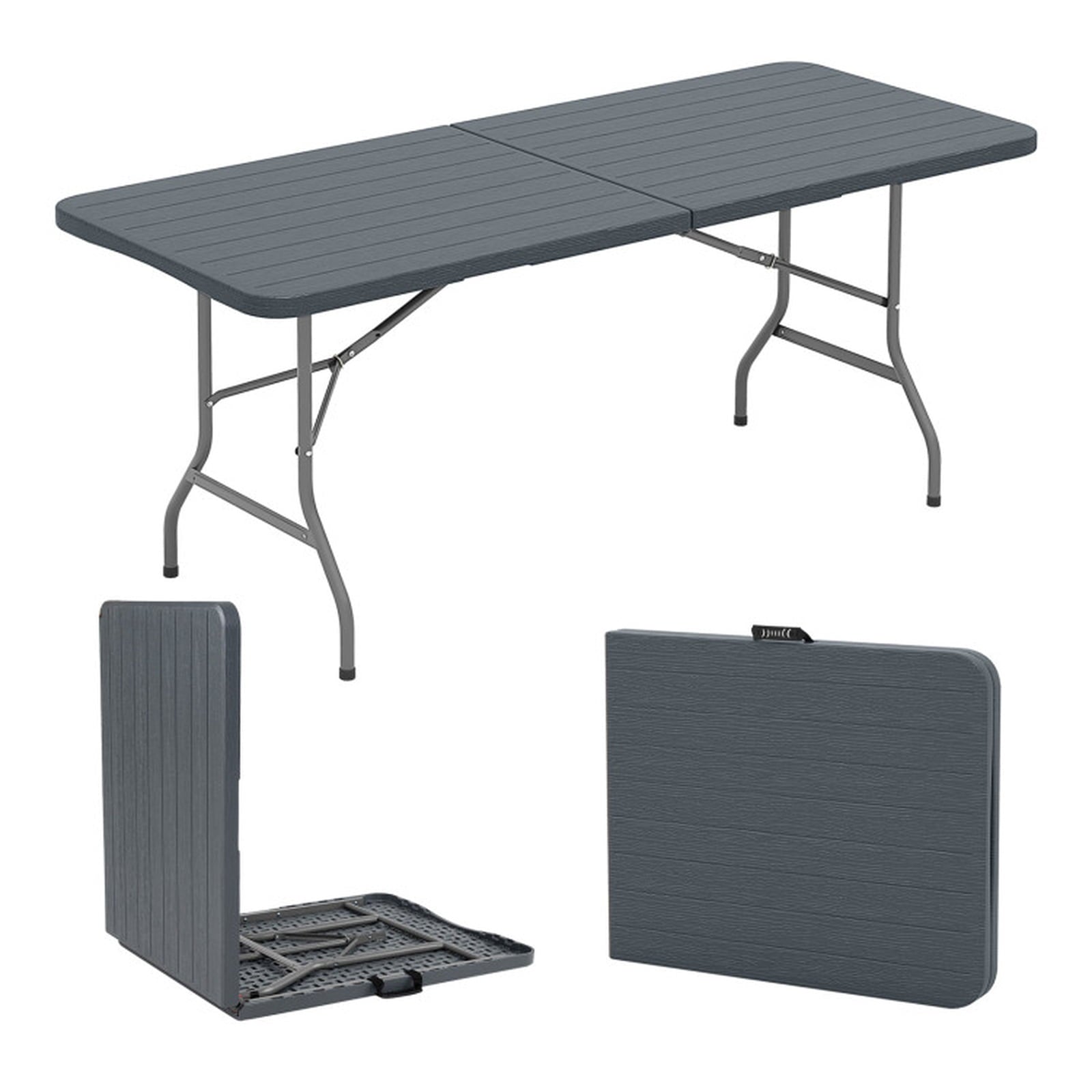 Biotree 6 Feet Folding Table with Wood Grain HDPE Tabletop and Safe Lock Mechanism, Gray