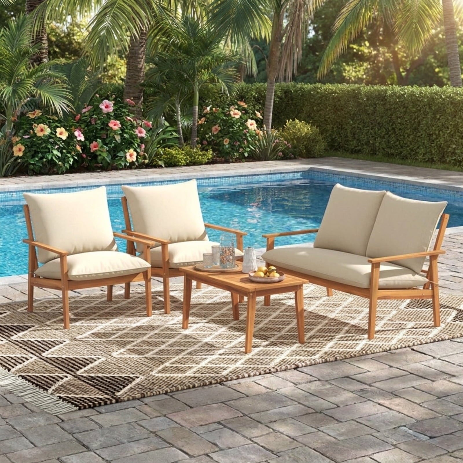 Biotree 4 Pieces Outdoor Acacia Wood Conversation Set with Soft Cushions and Coffee Table Outdoor Conversation Set for Garden Backyard PorchWhite
