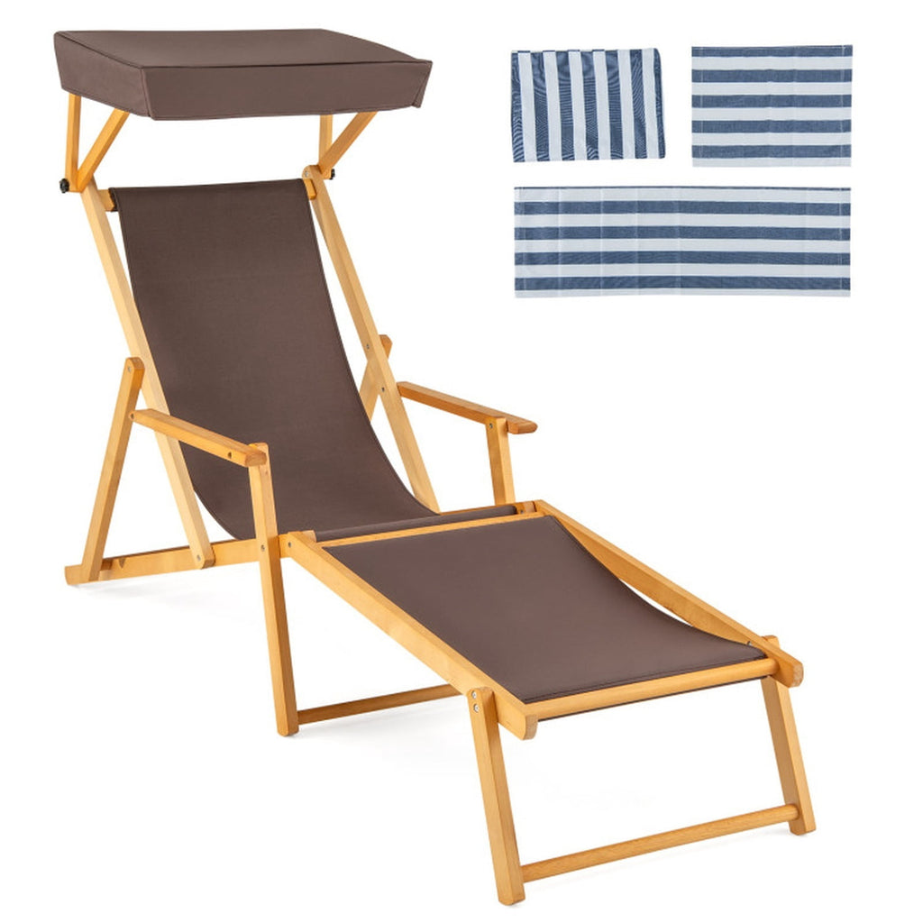 Biotree Birch Wood Chaise Lounge Chair Foldable Beach Chair with Adjustable Canopy Stackable Patio Chair for Garden BackyardBrown