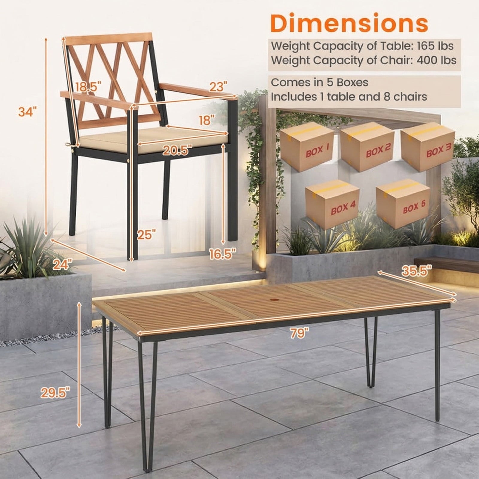 Biotree 9-Piece Patio Dining Set Acacia Table and Armchairs