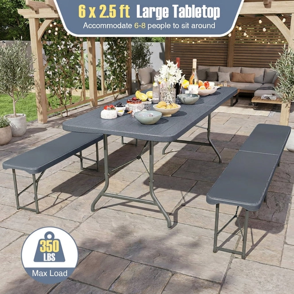 Biotree 6 Feet Folding Table with Wood Grain HDPE Tabletop and Safe Lock Mechanism, Gray