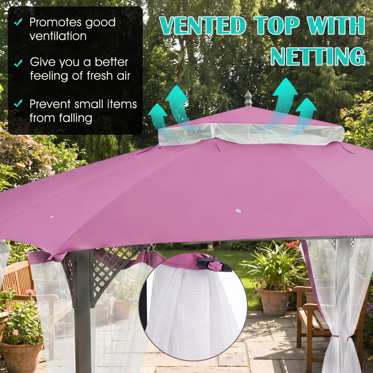 Biotree 10 x 12 Gazebo Replacement Top with Air Vent and Drainage Holes for Outdoor Patio Canopy, Pink