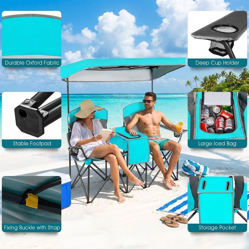 Biotree Folding Camping Chair with Sun Shade Canopy and Cup Holder for Beach Tailgating Outdoor Events, Turquoise