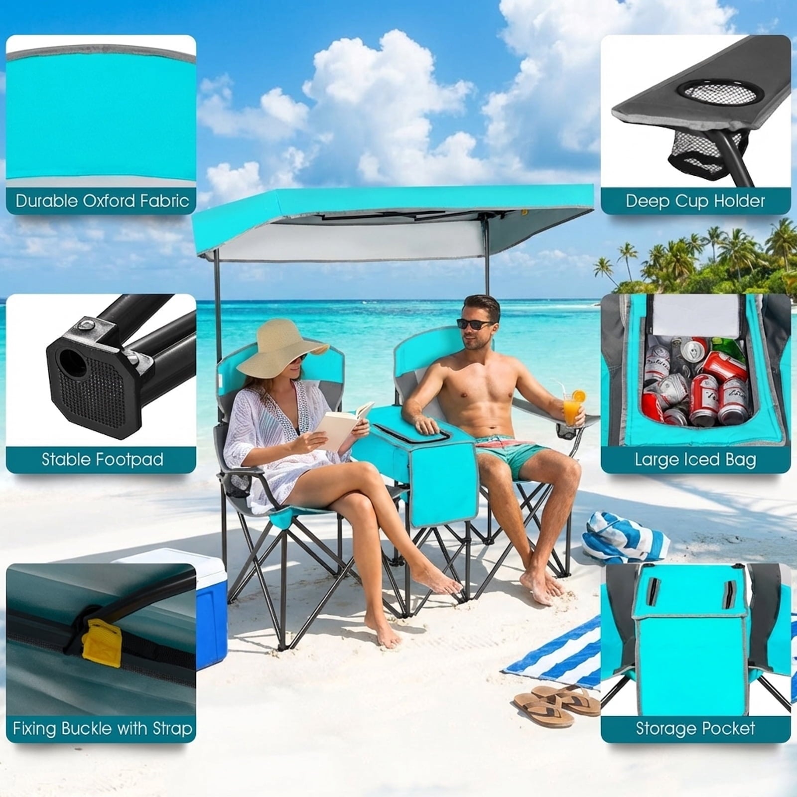 Biotree Folding Camping Chair with Sun Shade Canopy and Cup Holder for Beach Tailgating Outdoor Events, Turquoise
