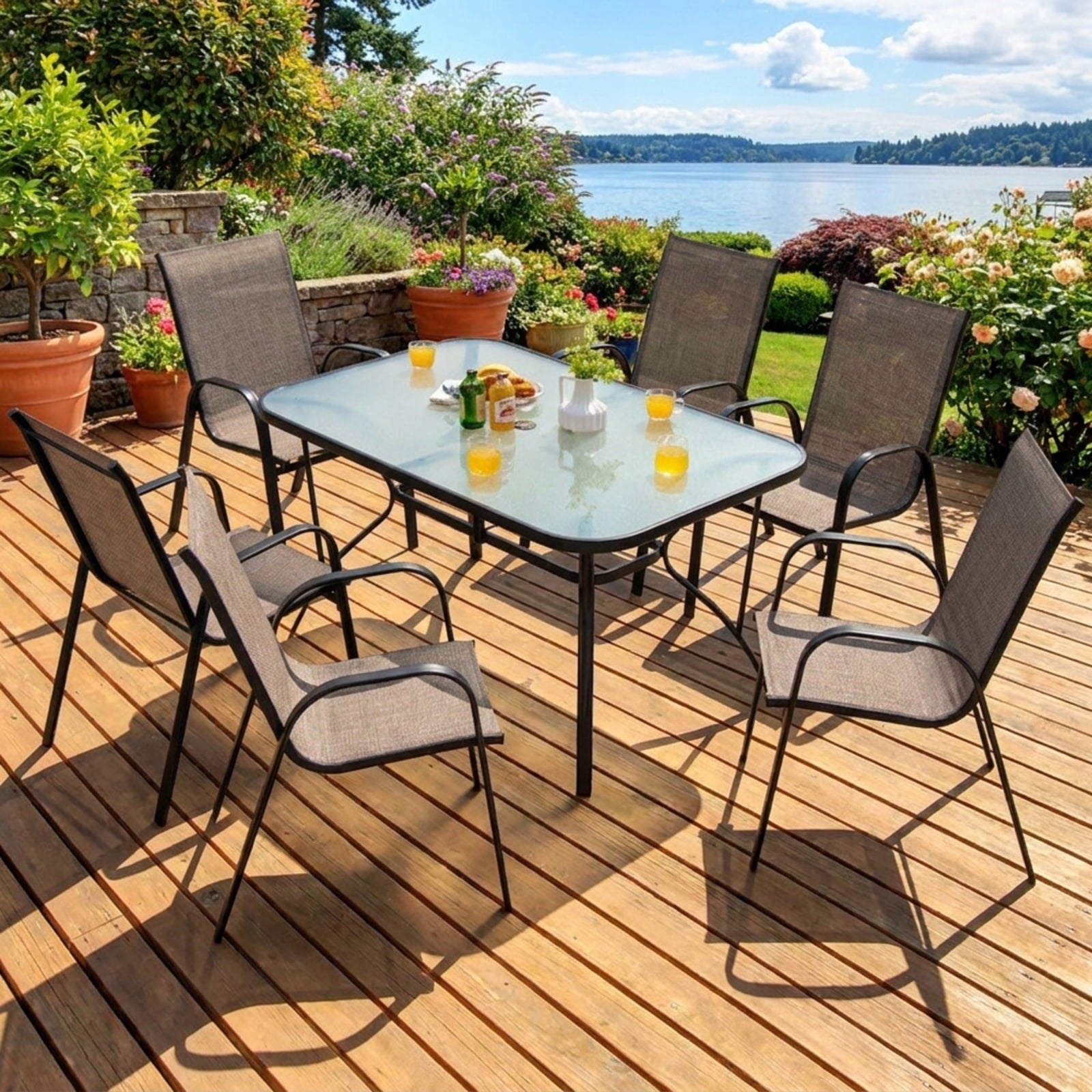 Biotree 6 Pieces Patio Stackable Dining Chairs with Curved Armrests and Breathable Fabric Stackable Patio Chair for Garden BackyardBrown