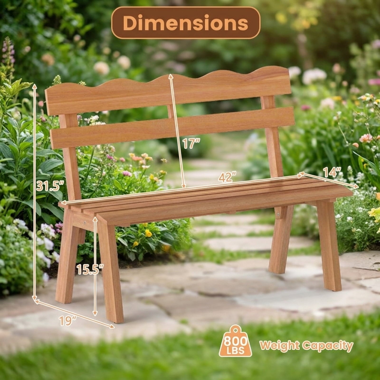 Biotree Outdoor Acacia Wood Garden Bench with 800 Lbs Weight Capacity Stackable Patio Chair for Garden BackyardNatural