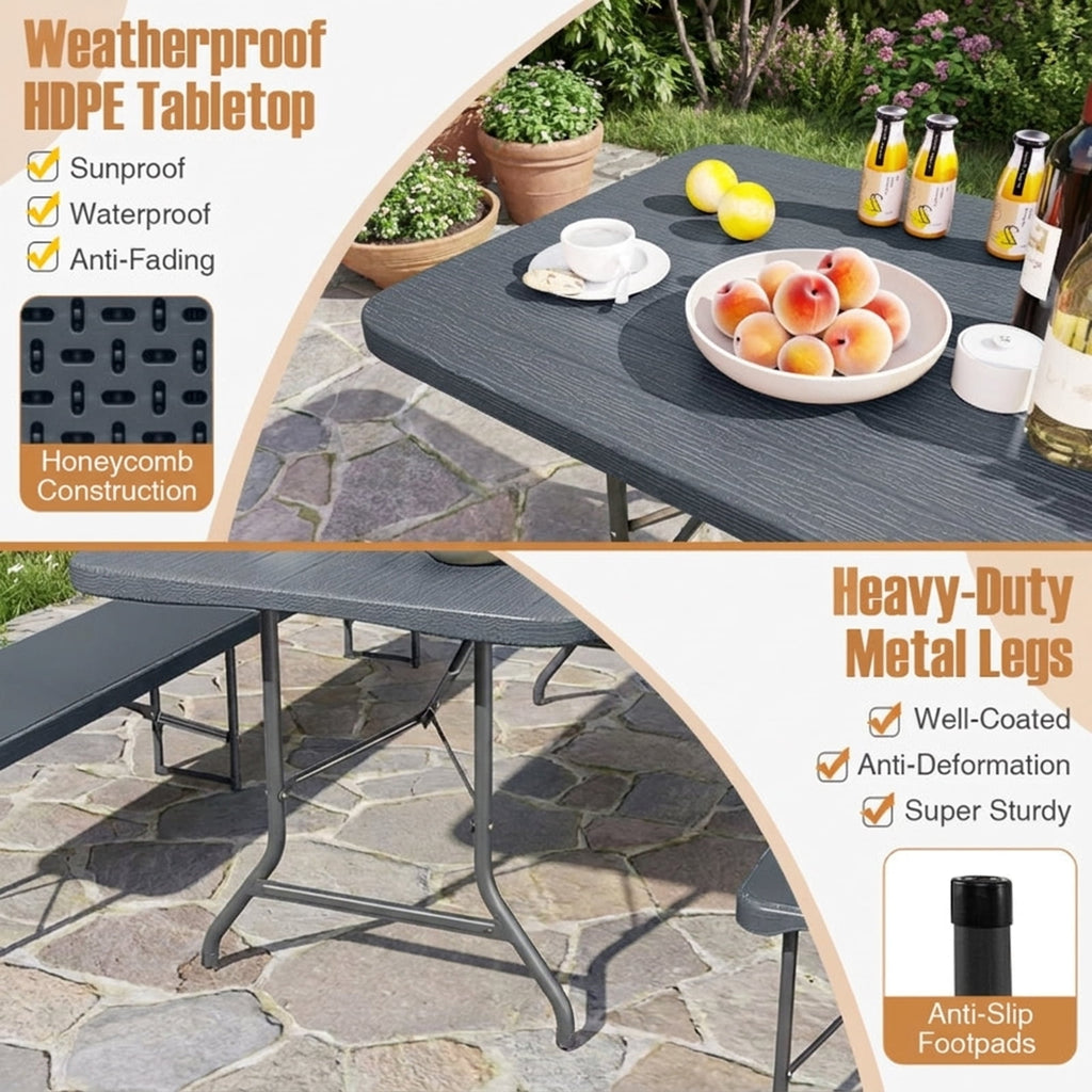 Biotree 6 Feet Folding Table with Wood Grain HDPE Tabletop and Safe Lock Mechanism, Gray