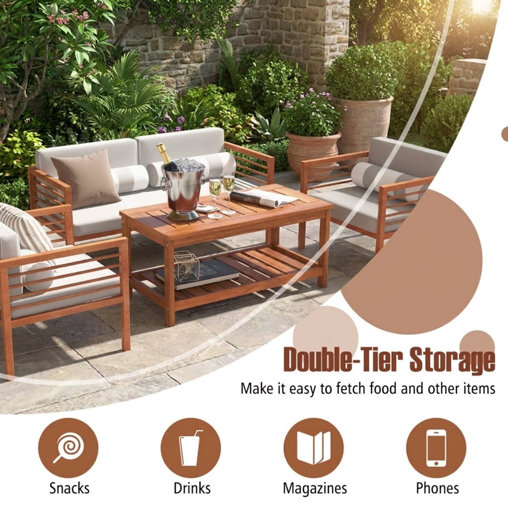 Biotree 2-Tier Patio Coffee Table with Slatted Tabletop and Shelf, Natural