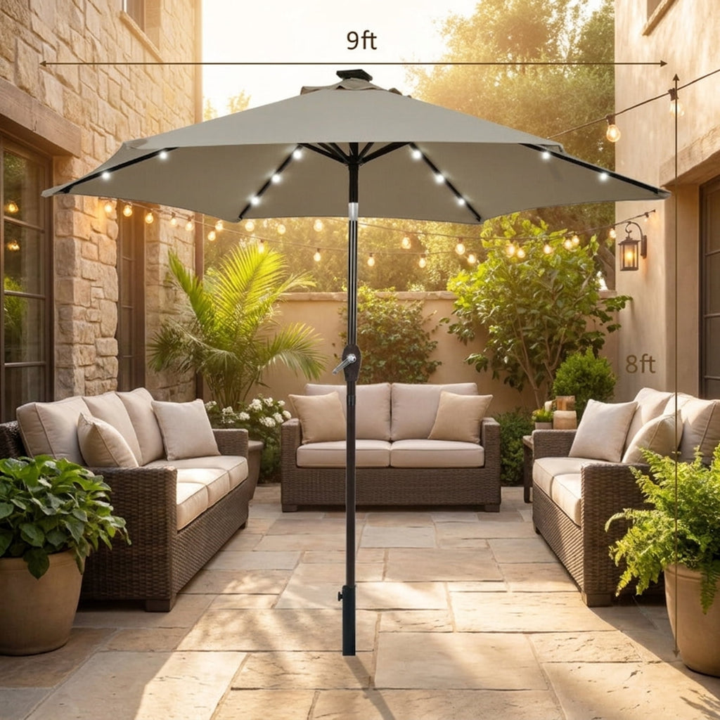 Biotree 9 ft Solar LED Market Patio Umbrella with Crank and Tilt, 6 Sturdy Ribs, Vented Canopy - Tan