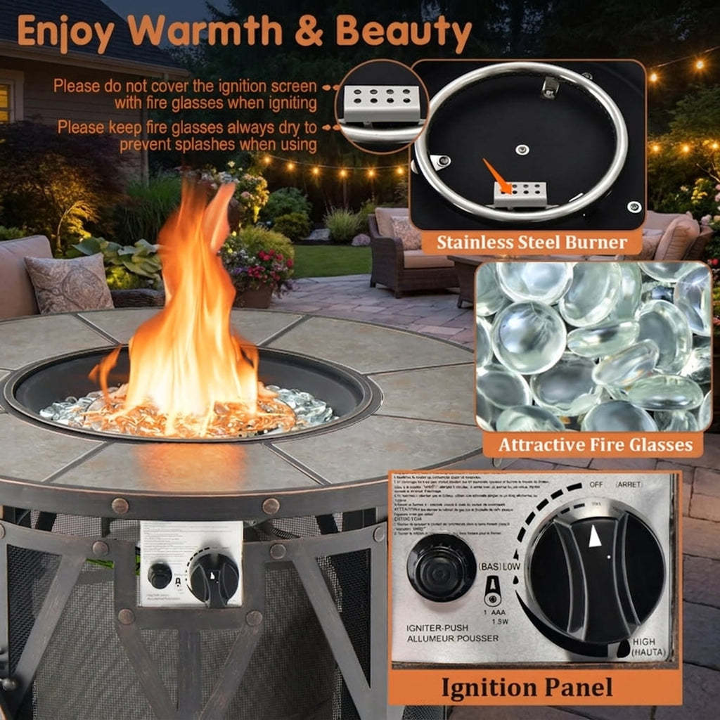 Biotree 32 Inch 30000BTU Fire Pit Table with Fire Glasses and PVC Cover for Outdoor Patio Backyard Garden Camping, Black Gray