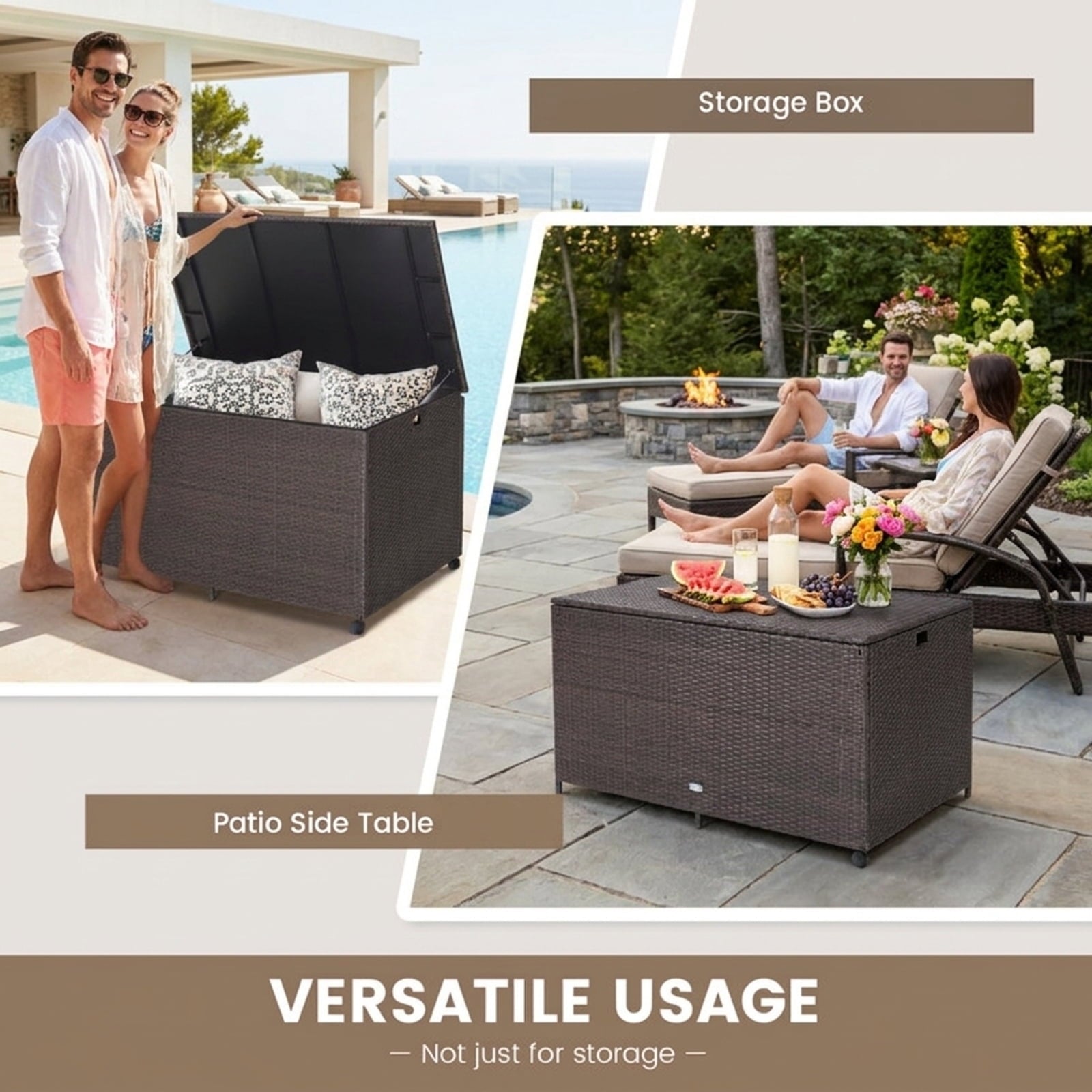 Biotree Outdoor Wicker Storage Box with Zippered Liner-133 Gallon Outdoor Waterproof for Patio Deck Garden Cushions, Brown