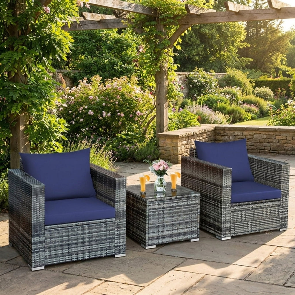 Biotree 3 Pcs Patio Rattan Furniture Bistro Sofa Set with Cushioned Outdoor Conversation Set for Garden Backyard PorchNavy