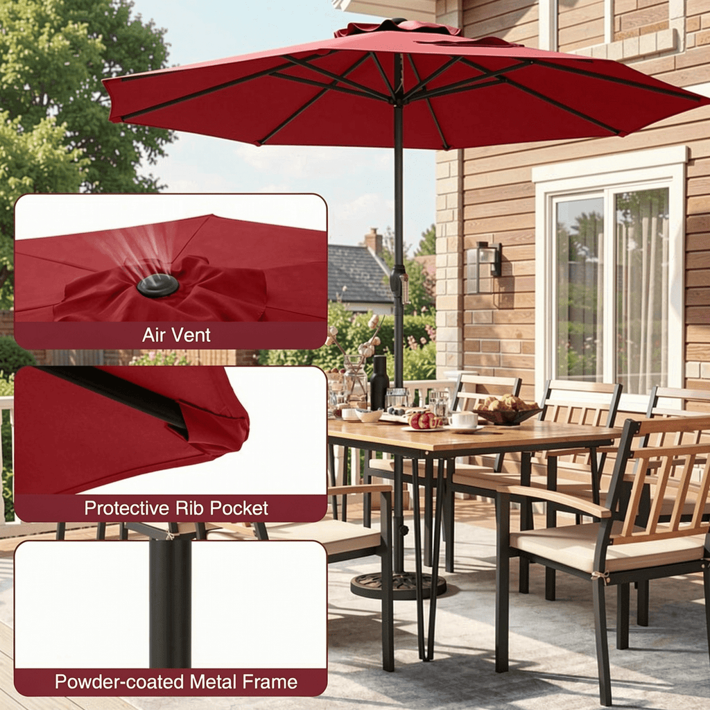 Biotree Outdoor Heavy Duty Market Umbrella with Crank Handle and 8 Sturdy Ribs-Red Walnut - Outdoor Patio Garden Sun Shade