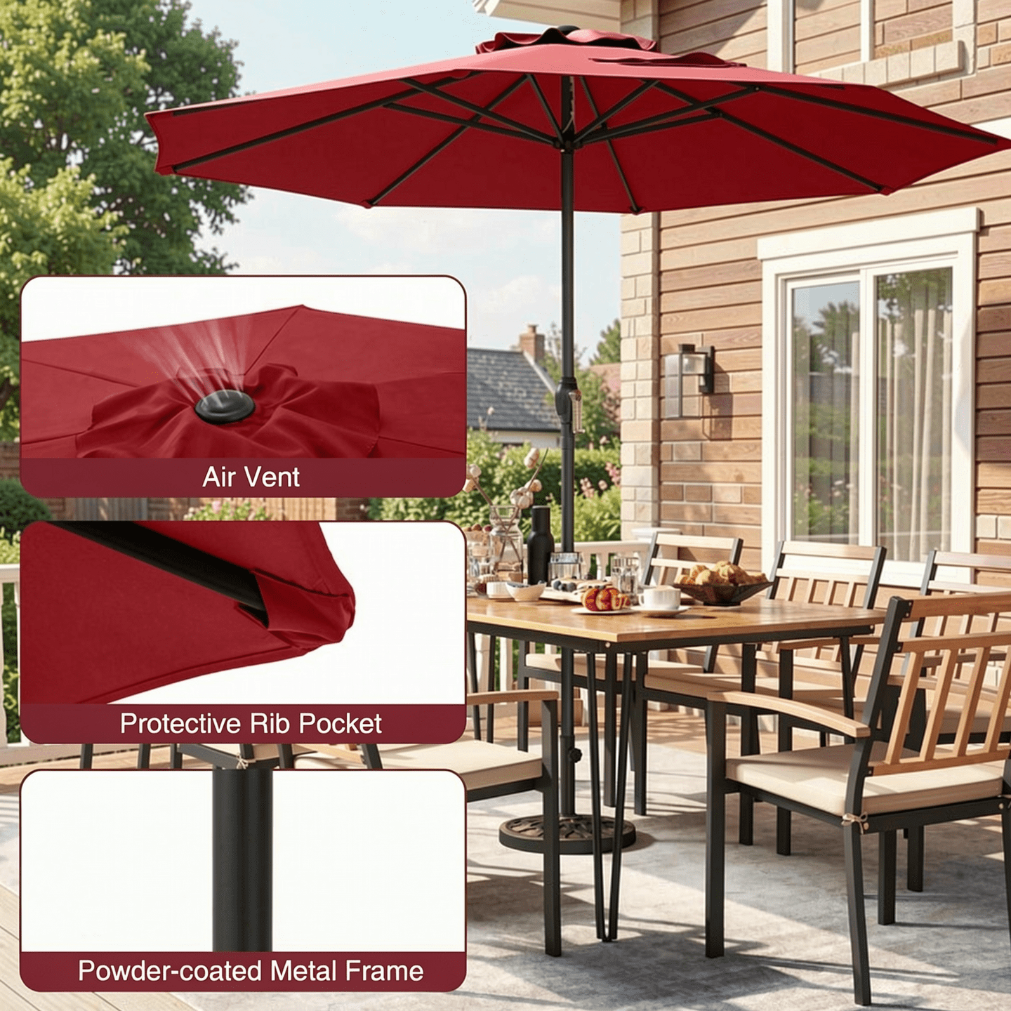 Biotree Outdoor Heavy Duty Market Umbrella with Crank Handle and 8 Sturdy Ribs-Red Walnut - Outdoor Patio Garden Sun Shade