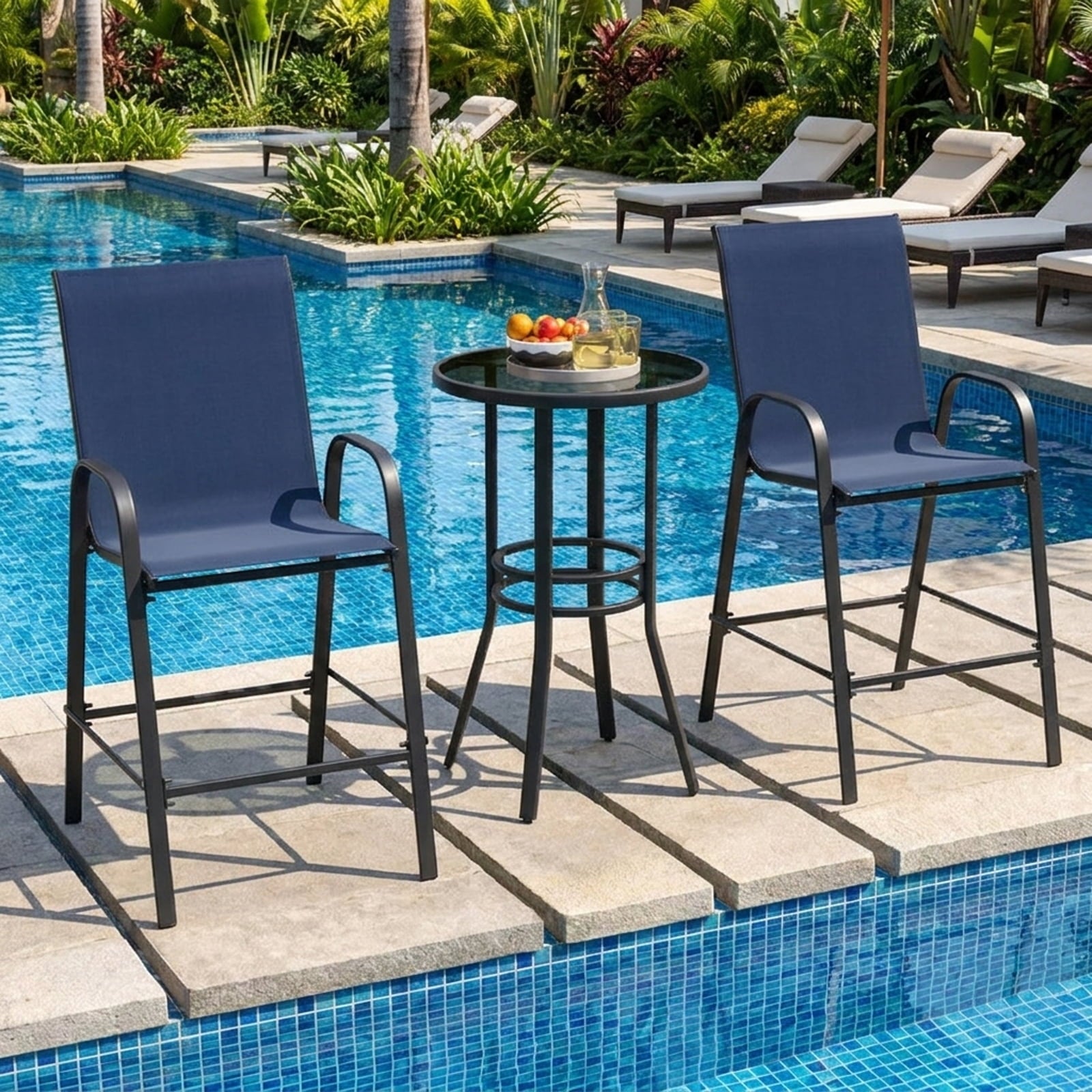 Biotree Set of 2 Outdoor Bar Stools 29-Inch Fabric Patio Bar Chairs with Armrests Inclined Backrest, Navy Blue