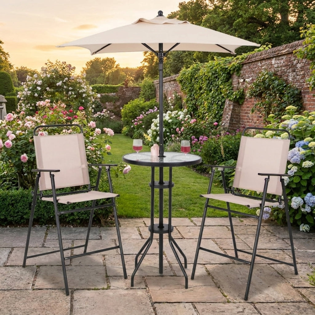 Biotree 4 Pieces Outdoor Bar Set with Umbrella for Patio Porch Garden Backyard Outdoor, Beige