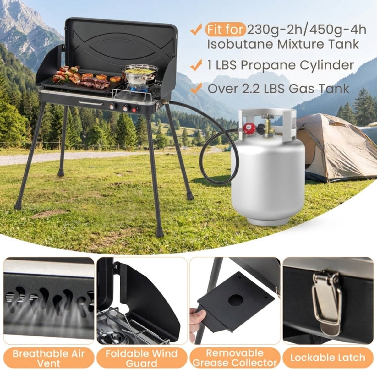 Biotree 2-in-1 Portable Gas Camping Grill and Stove, 20,000 BTU Propane Tabletop BBQ Grill, Foldable Camp Stove with Detachable Legs for Camping Picnic Backyard Black