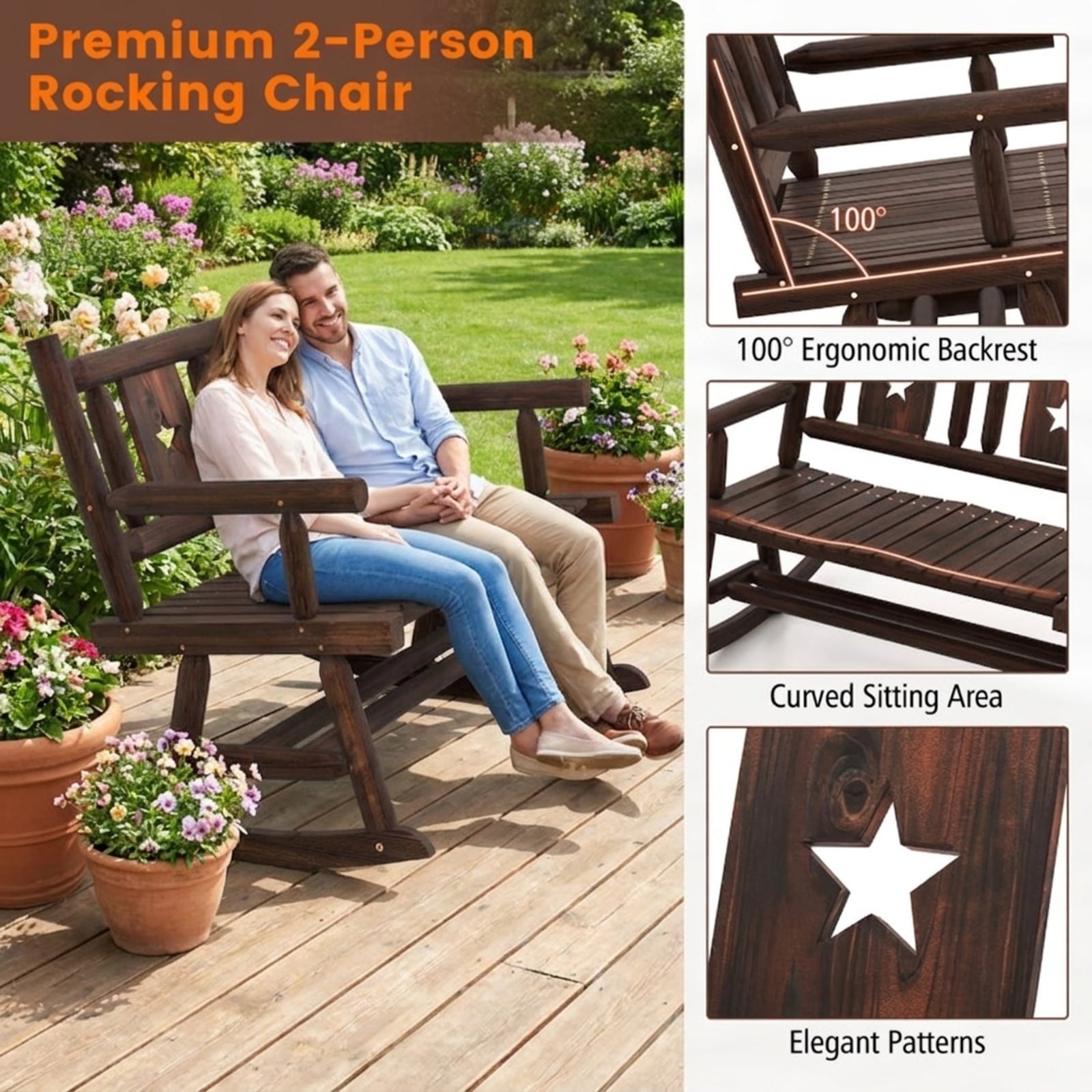 Biotree Patio Rocking Bench Double Rocker Chair with Ergonomic Seat 2-Person Loveseat Stackable Patio Chair for Garden BackyardRustic Brown