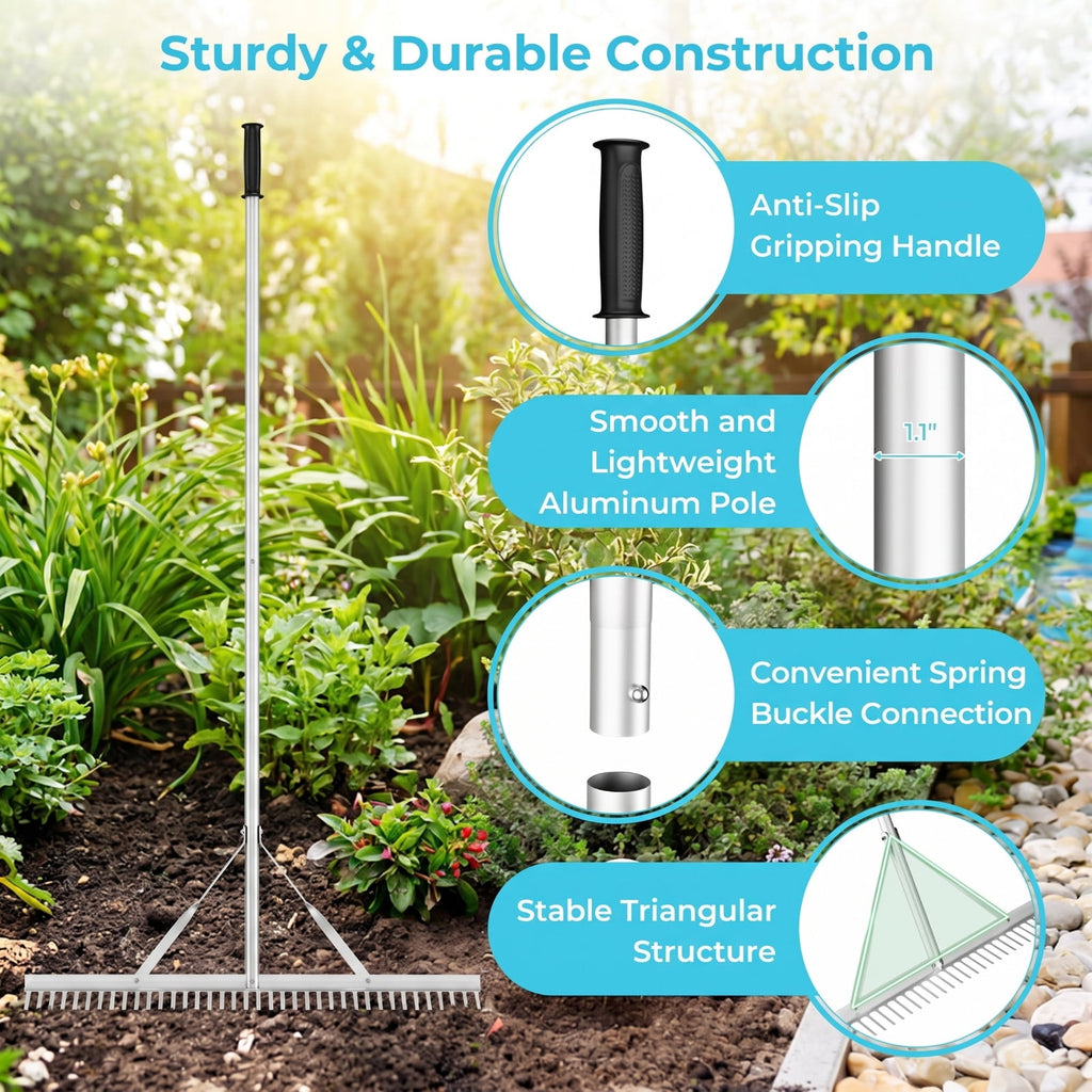 Biotree Aluminum Rake with 36 Inch Wide Rake Head and 68 Inch Long Handle for Lawn Garden Yard Soil Care, Silver