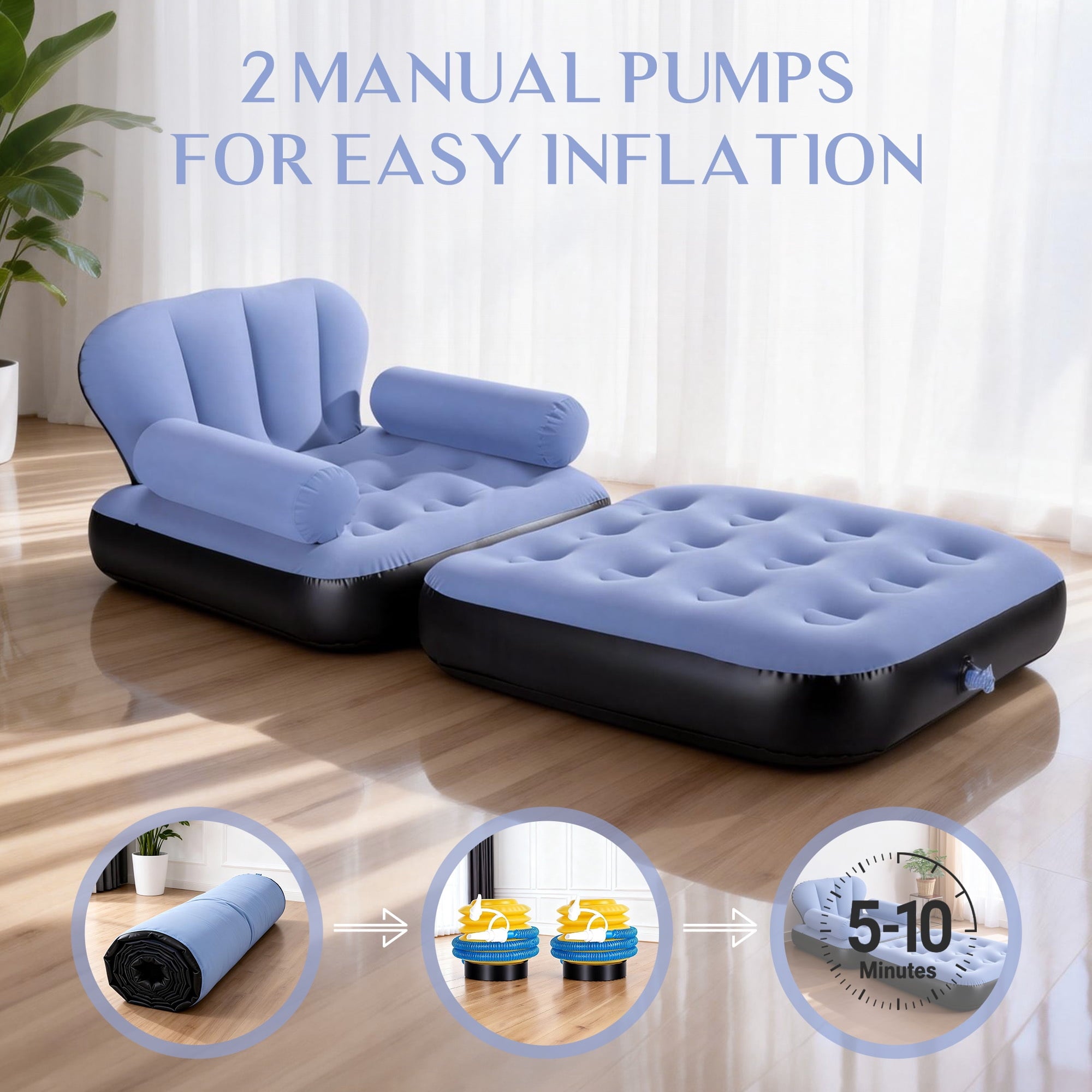 Biotree Inflatable Sofa Bed, 5-in-1 Foldable Thickened Flocked PVC Blow up Sofa with 2 Pumps, Air Couch Mattress for Camping,Blue