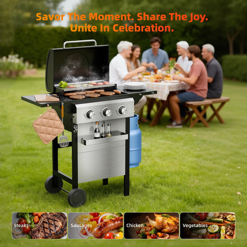 Biotree 3 Burner BBQ Propane Gas Grill, Stainless Steel 26,000 BTU Patio Garden Barbecue Grill with Two Foldable Shelves