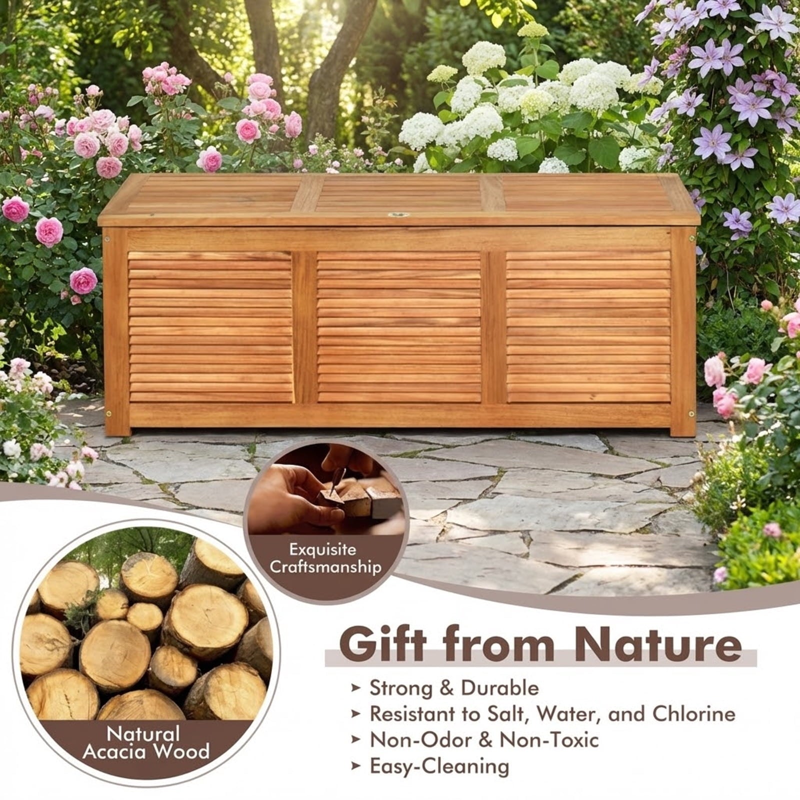 Biotree 46 Gallon Acacia Wood Storage Bench Box for Patio Garden Deck, Outdoor Wooden Storage Chest with Hinged Lid Indoor Entryway Bench, Natural