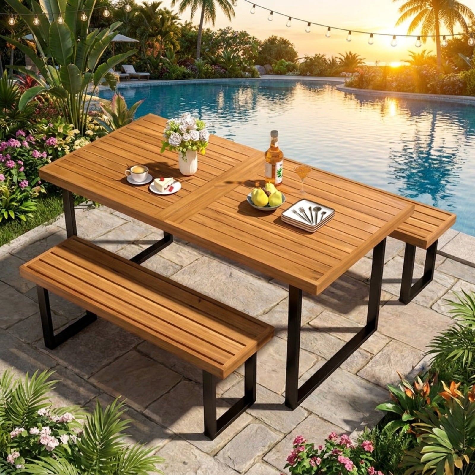 Biotree 3 Pieces Patio Dining Table Set 63¡± Rectangle Table and 2 Backless Bench Outdoor Conversation Set for Garden Backyard PorchNatural+Black
