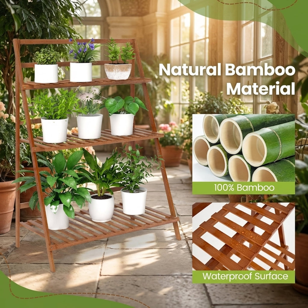 Biotree 3-Tier Bamboo Plant Stand Foldable Ladder Shelf Indoor Outdoor Flower Pot Display Rack Natural