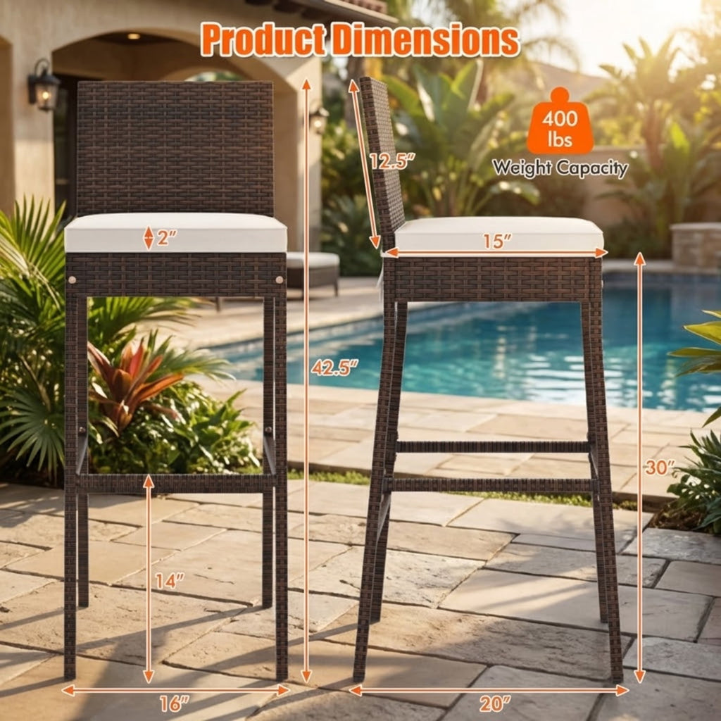 Biotree Set of 4 Patio Wicker Barstools with Seat Cushion and Footrest, PE Rattan Outdoor Bar Height Chairs with Metal Frame for Backyard Deck Garden Poolside, Mix Brown