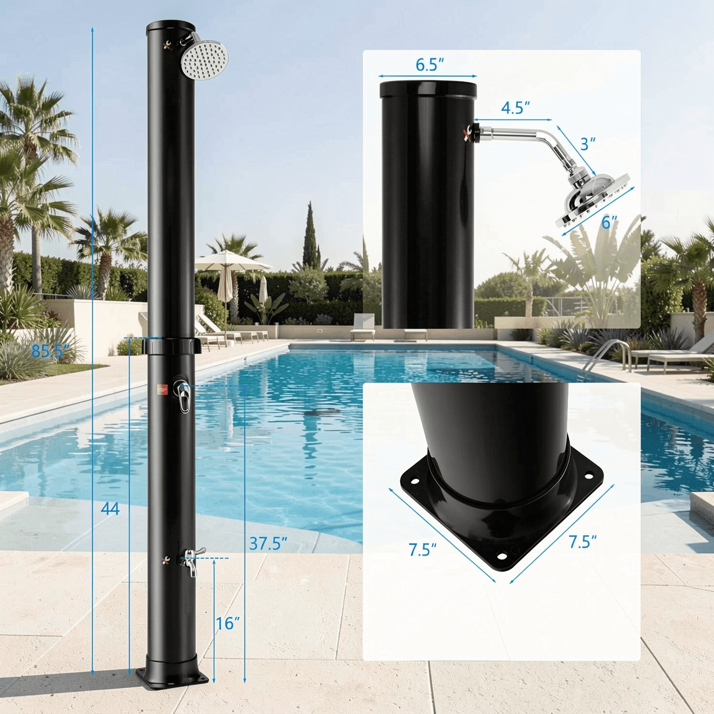 Biotree 7.2 Feet Solar-Heated Outdoor Shower with Free-Rotating Shower Head Portable Camping Shower for Pool Patio, Black
