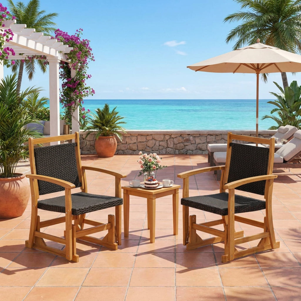 Biotree Patio Rattan Glider Chair with Acacia Wood Frame and Wicker Seat Back Stackable Patio Chair for Garden BackyardMix Brown