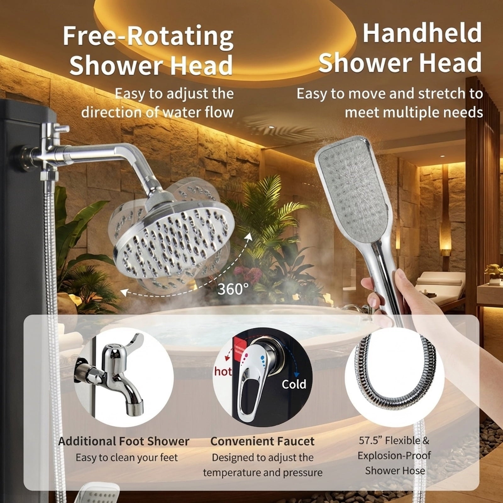 Biotree 7.2 Feet 9.3 Gallon Solar Heated Outdoor Shower with Hand and Foot Tap Portable Camping Solar Shower, Black