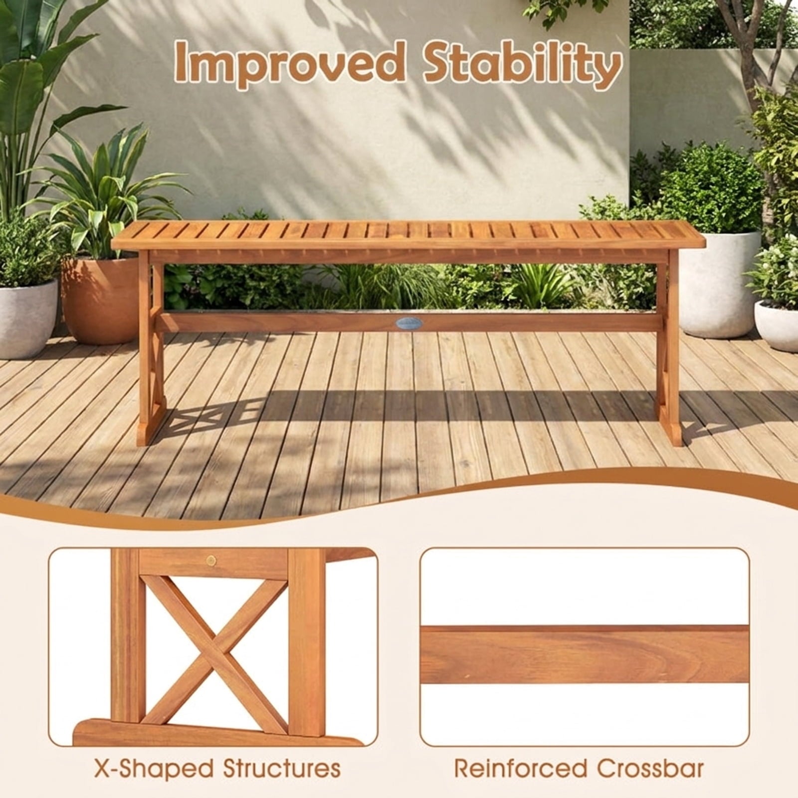 Biotree 51 Inches Outdoor Acacia Wood Bench with Slatted Seat and 800 Lbs Weight Capacity-1 PieceNatural