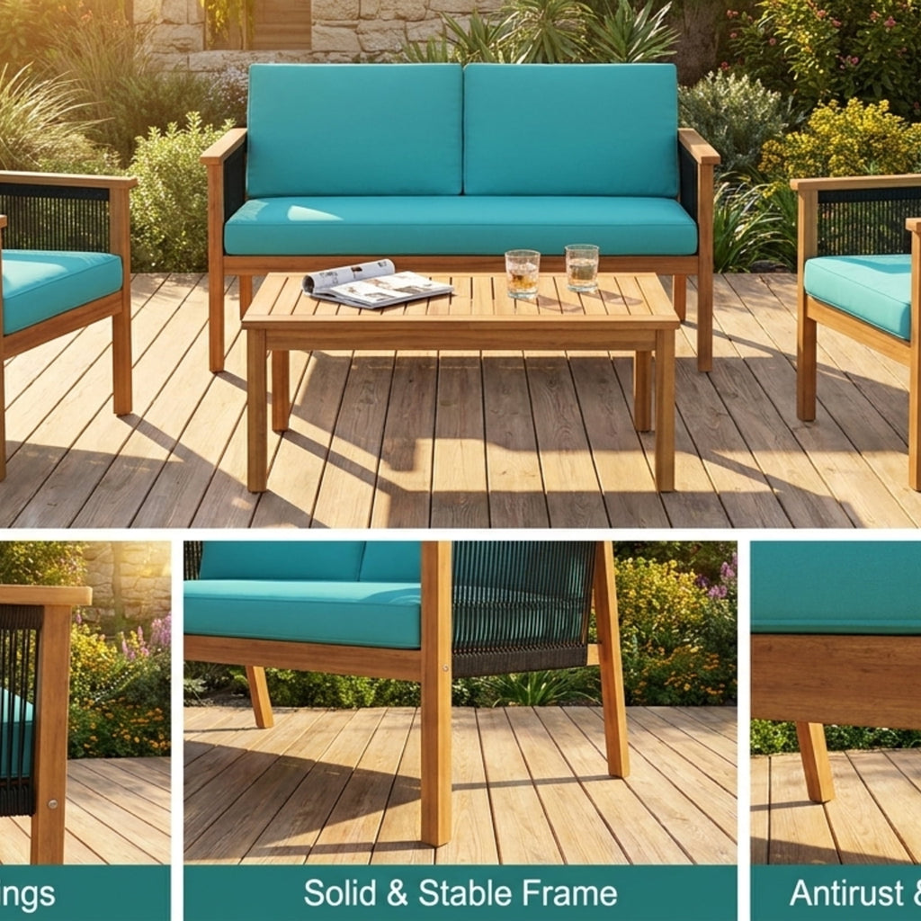Biotree 4 Pieces Acacia Wood Outdoor Patio Furniture Set with Cushions Outdoor Conversation Set for Garden Backyard PorchTurquoise
