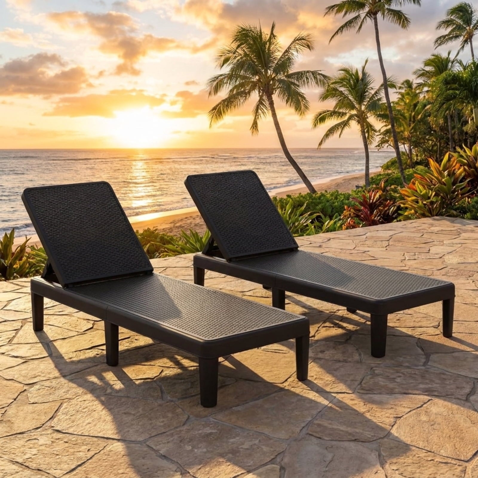 Biotree Outdoor Chaise Lounger Chair with Waterproof Rattan Textured PP Surface and 330 Lbs CapacityBlack