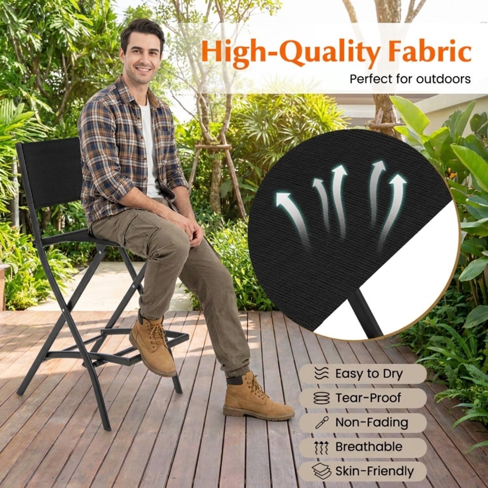 Biotree Outdoor Folding Bar Height Stool Set of 4 with Metal Frame and Footrest for Patio Porch Garden Backyard Outdoor, Black